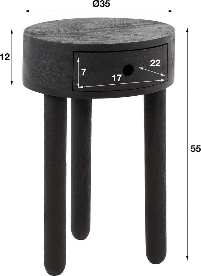 Giga Meubel Nachtkastje Zwart Acaciahout 3-Poot 35x35x55cm