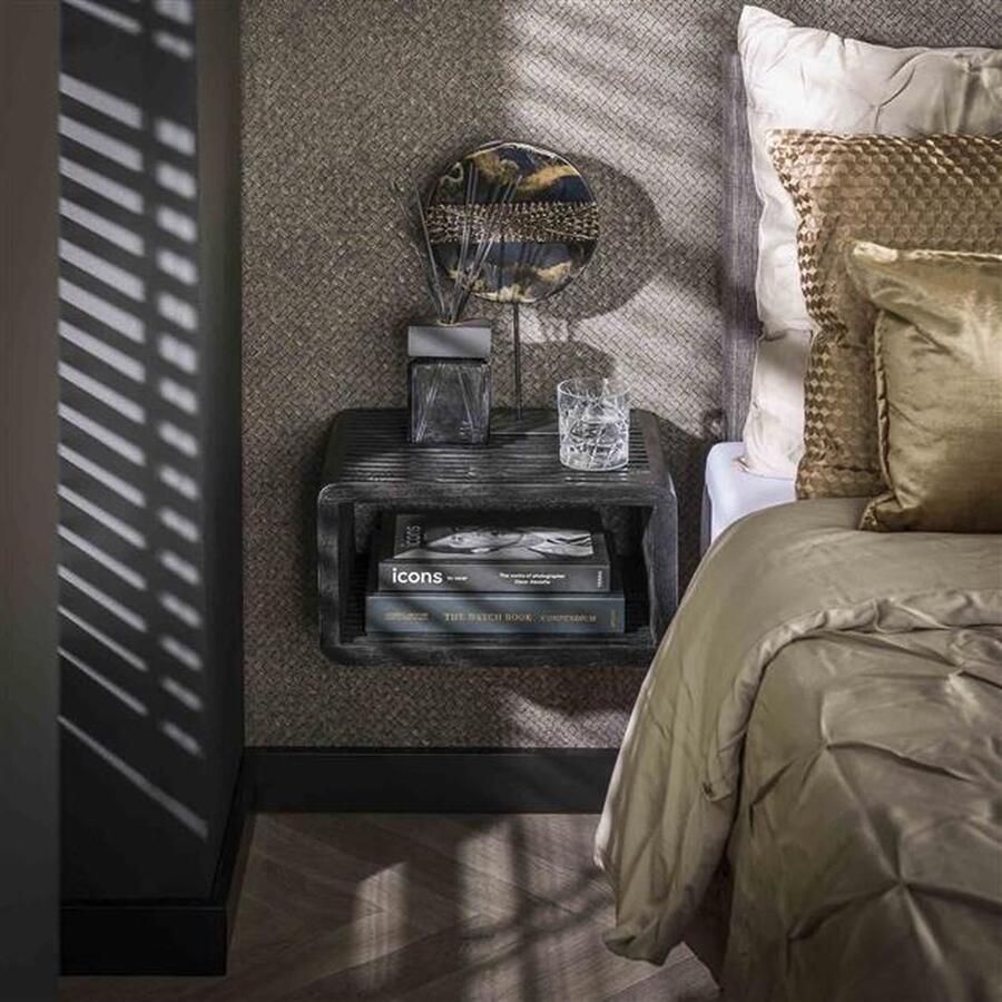 Giga Meubel Nachtkastje Zwart Teakhout Ophangbaar 45x30x22cm Rib