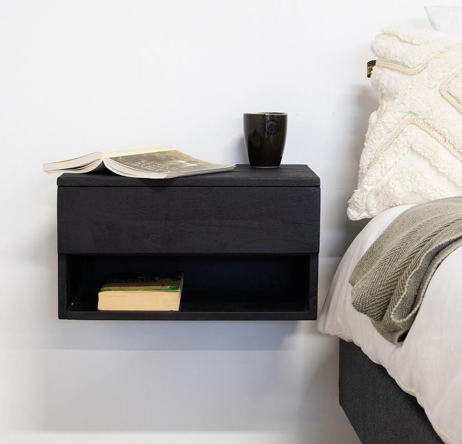 Giga Meubel Nachtkastje Zwevend Tessa Zwart Mangohout 45x30x25cm