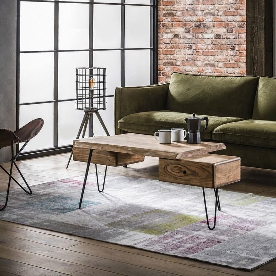 Giga Meubel Salontafel Acaciahout 2 Laden Metalen Poten Tafel Edge