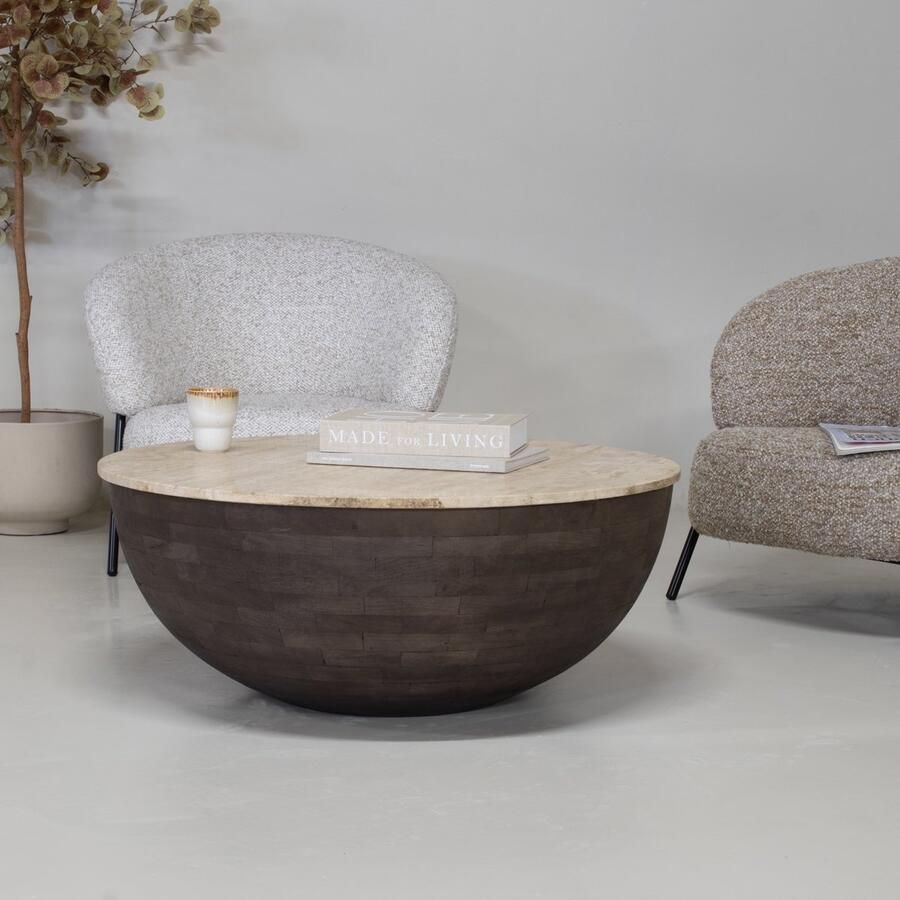 Giga Meubel Salontafel Aiden Rond Travertin Hout Donkerbruin 90x90x38cm - Foto 2