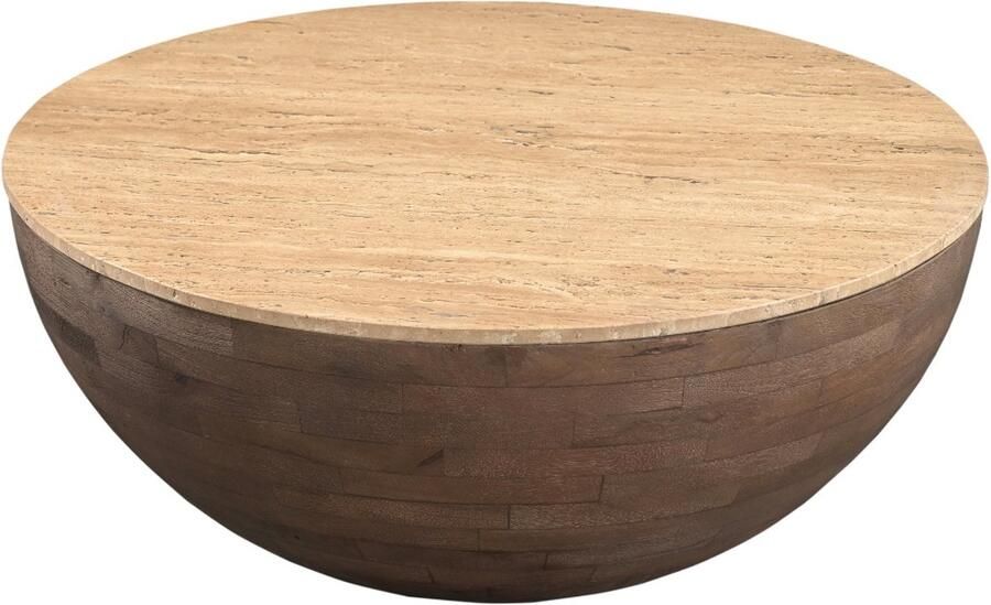 Giga Meubel Salontafel Aiden Rond Travertin Hout Donkerbruin 90x90x38cm