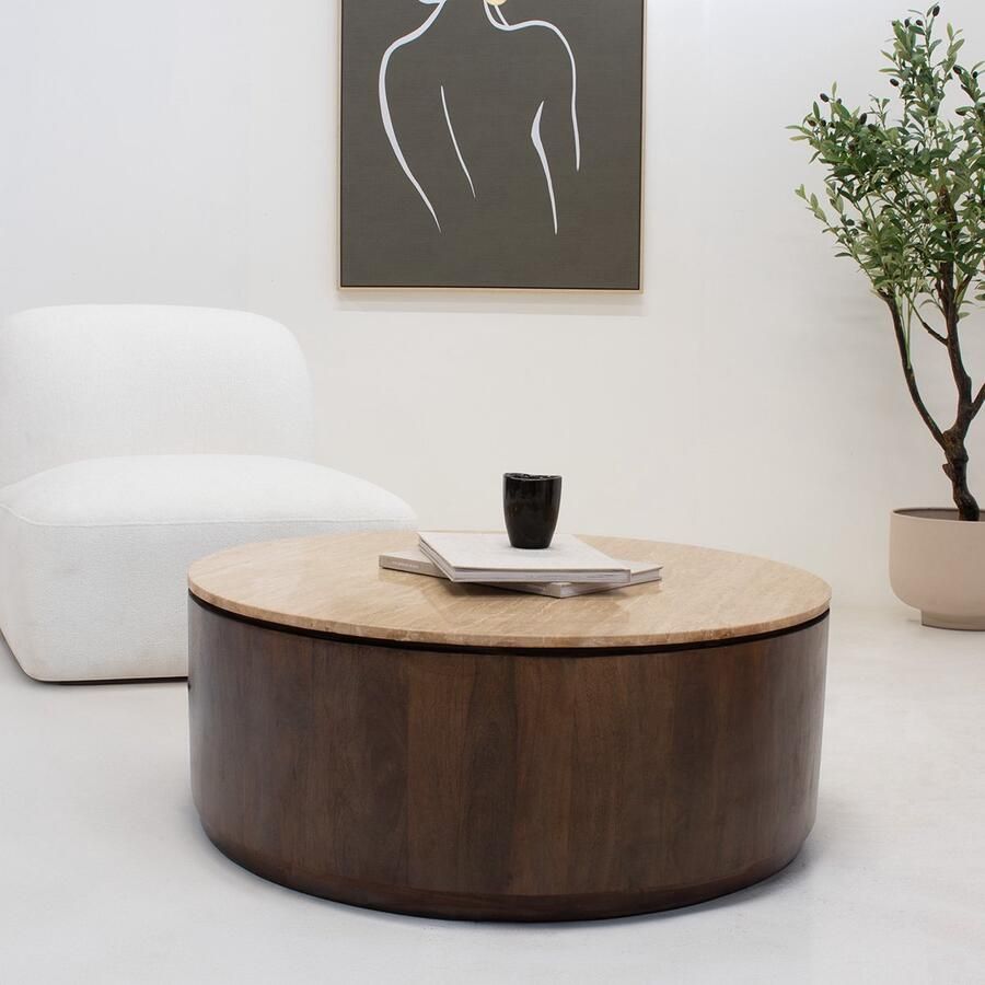 Giga Meubel Salontafel Elan Rond Travertin Walnoot 90x90x35cm