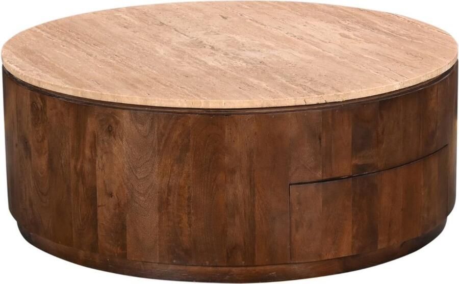 Giga Meubel Salontafel Elan Rond Travertin Walnoot 90x90x35cm Incl. Lades - Foto 4