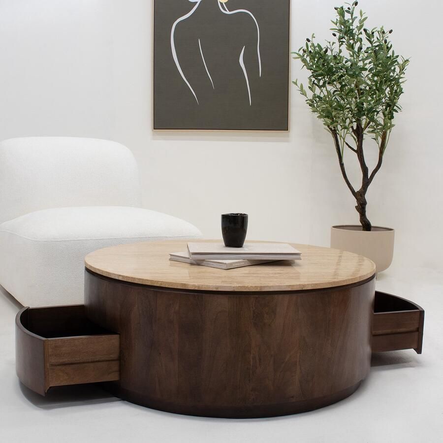 Giga Meubel Salontafel Elan Rond Travertin Walnoot 90x90x35cm Incl. Lades