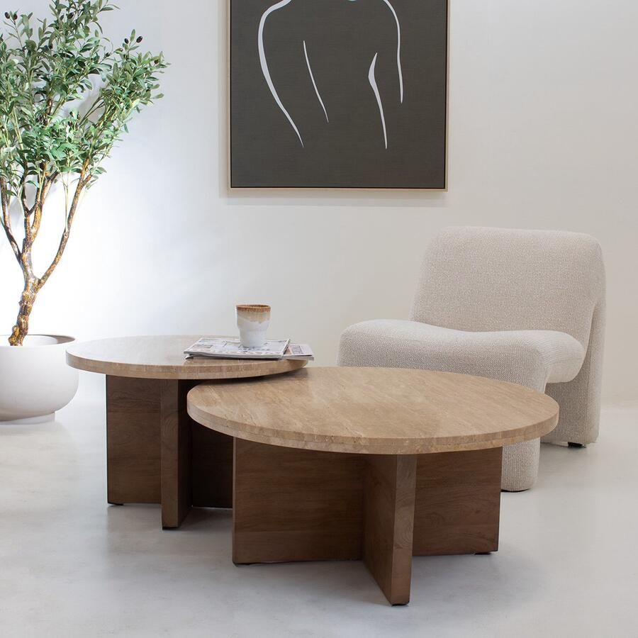 Giga Meubel Salontafel Leno Rond Travertin Hout Naturel Set van 2