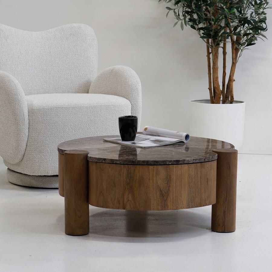 Giga Meubel Salontafel Rond Marmer 75cm Naturel Mangohout