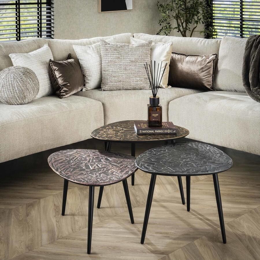 Giga Meubel Salontafel Driehoek Set van 3 Koper Brons Zilver Metaal 60x48x43 cm Salontafel Patina