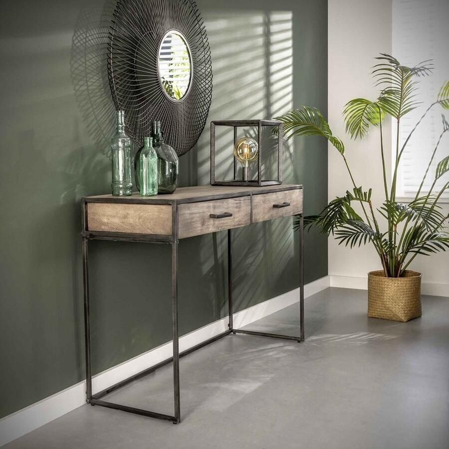 Giga Meubel Sidetable Acaciahout 2 Lades Metalen Onderstel Tafel Turf