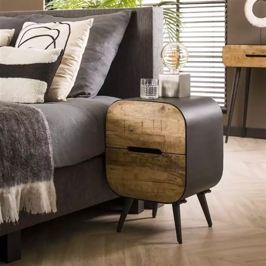 Giga Meubel Nachtkastje Mangohout Metaal Onderstel 2 Lades 35x40x60cm