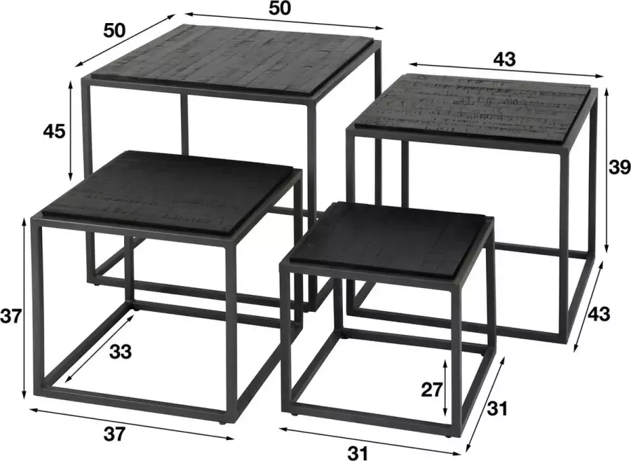 Giga Meubel Salontafel Teakhout Zwart Set van 4 Tafel Teca