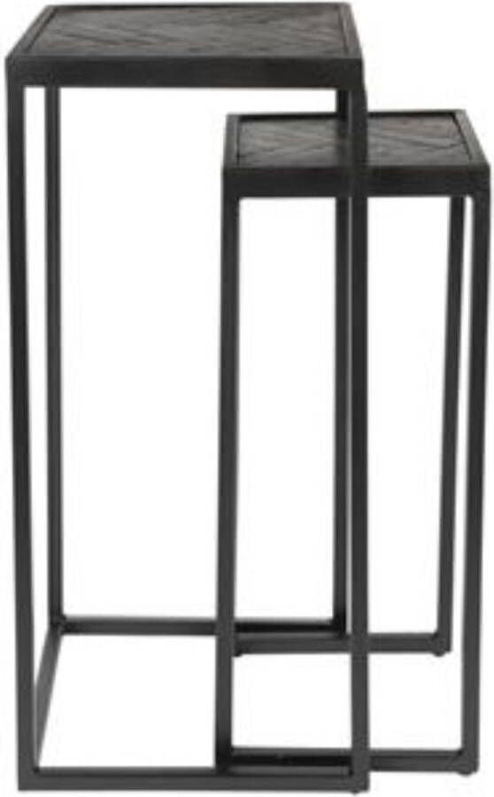 Giga Meubel Sidetable Zwart Vierkant Set van 2 Visgraat 30x30x63cm Tafels Parker Hoog