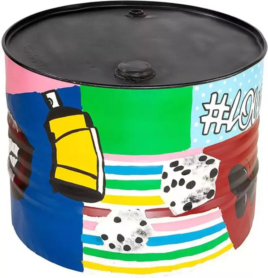 Gilde Olievat bijzettafel Industriele bijzettafel Street art decoratie Graffiti Moderne ronde bijzettafel 45 cm hoog