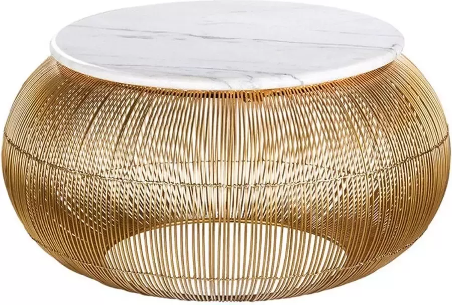 Gilde Salontafel in goud metalen frame met marmer blad Diameter 64 cm Hoogte 30.5 cm Bijzettafel Bohemian