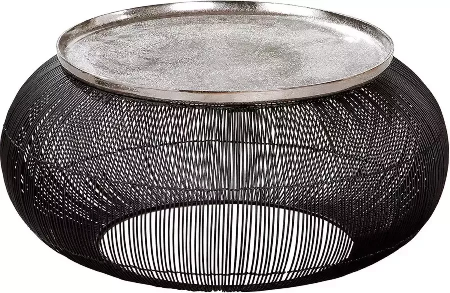 Gilde Salontafel in zwart metalen frame met zilveren blad Diameter 64 cm Hoogte 30.5 cm Bijzettafel Bohemian