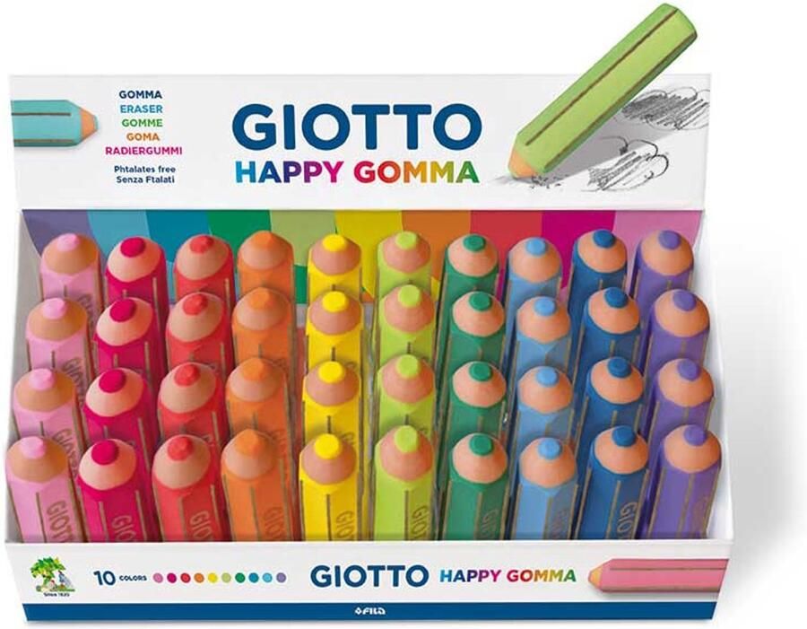 Giotto Happy Gomma vlakgum Rubber Blauw Koraal Fuchsia Groen Lila Limoen Oranje Roze Turkoois Geel 40 stuk(s)