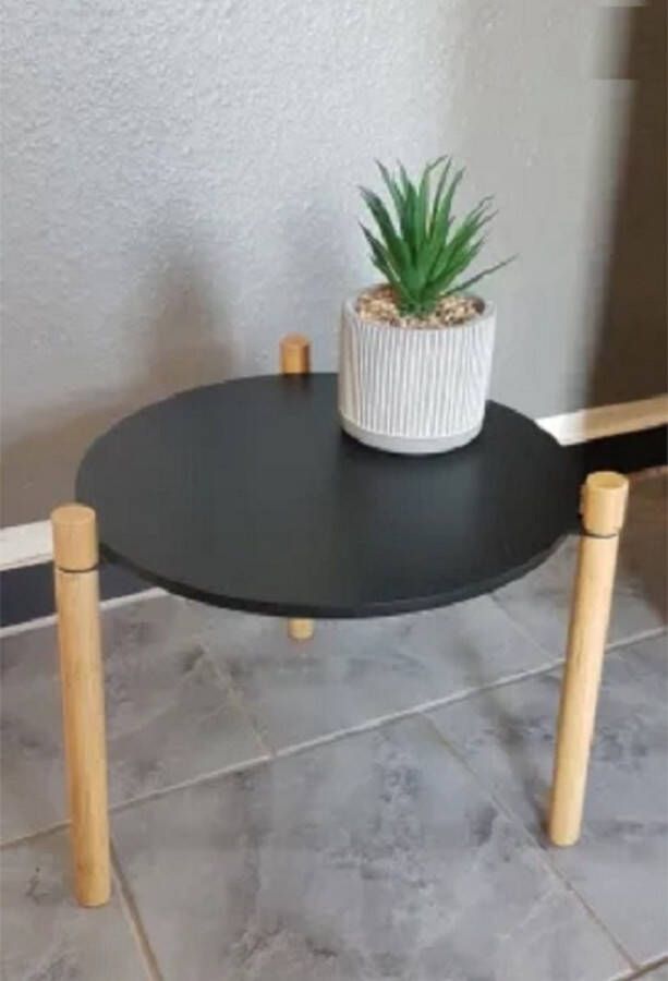 GKS Bijzettafel rond MDF met bamboe poten salontafel voor woonkamer kantoor zwart 40 cm