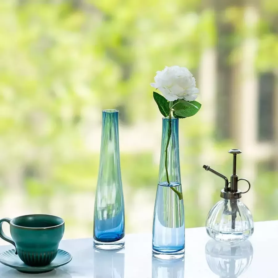 Glasseam Kleine glazen vaas voor bloemen 2 stuks blauwe eenvoudige knop vaas lange dunne smalle nek vazen voor thuis woonkamer kantoor indoor decor bruiloft tafel desktop centrepieces