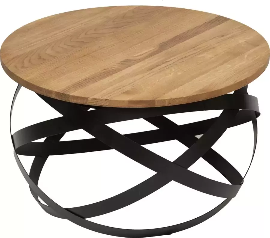 GM Design Fay: Salontafel koffietafel bijzettafel – lage tafel – woonkamer tafel rond met zwart stalen frame en massief eiken blad (rustiek). Ø 70cm h:40cm. Hoogwaardige kwaliteit