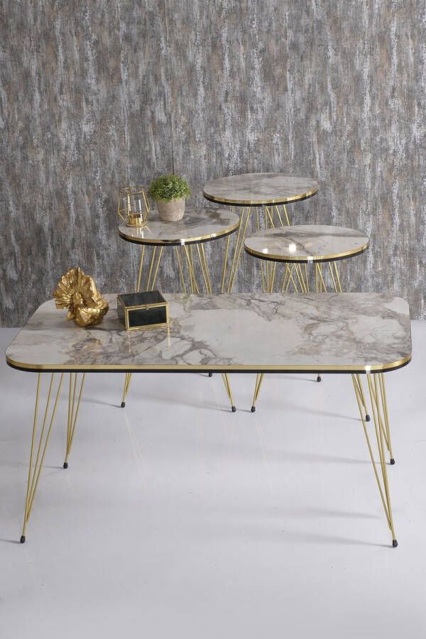 Gold Bijzettafel en Middentafel Goudchromen Poot Salontafel Set Gouden Efes-draad Wit en Marmer Marmeren Look Set van 4 Luxe Design Bijzettafel Woonkamer Tafel Salon Tafel