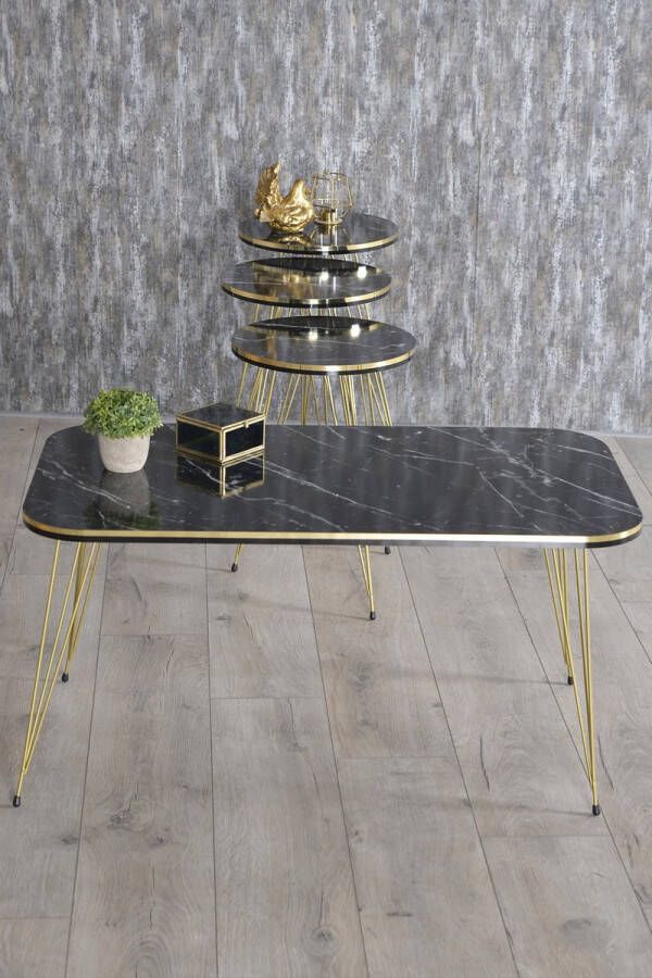 Gold Bijzettafel en Middentafel Goudchromen Poot Salontafel Set Marmeren Look Set van 4 Luxe Design Zwart en Marmer Bijzettafel Woonkamer Tafel Salon Tafel