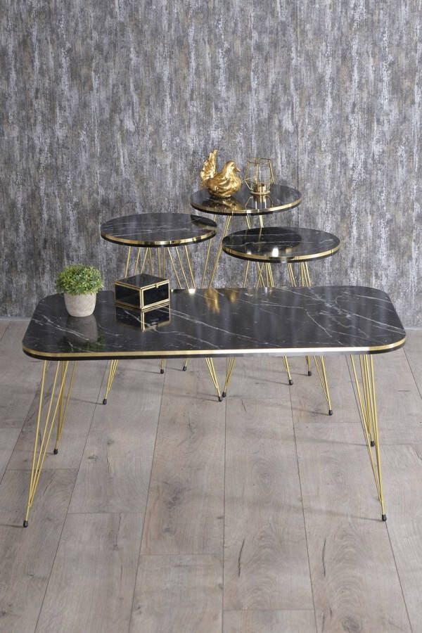 Gold Bijzettafel en Middentafel Goudchromen Poot Salontafel Set Marmeren Look Set van 4 Luxe Design Zwart en Marmer Bijzettafel Woonkamer Tafel Salon Tafel