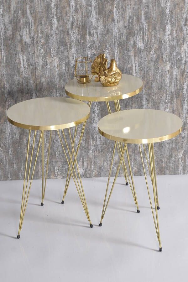 Gold Bijzettafel Gouden Crème Patroon Bijzettafels Salontafelset Set van 3 Luxe Design Bijzettafel Salontafel in de woonkamer 34X34 cm