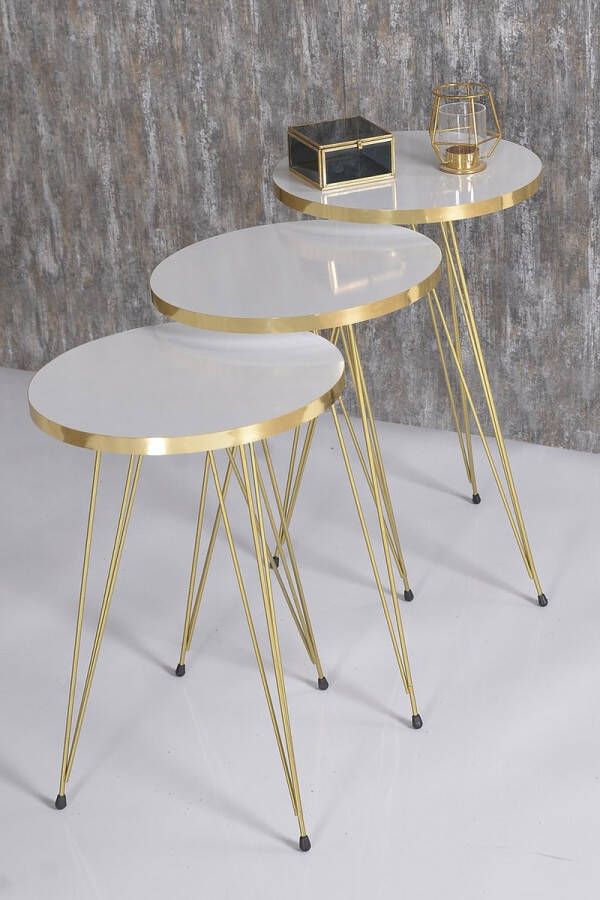 Gold Bijzettafel Gouden Wit Patroon Bijzettafels Salontafelset Set van 3 Luxe Design Bijzettafel Salontafel in de woonkamer 34X34 cm
