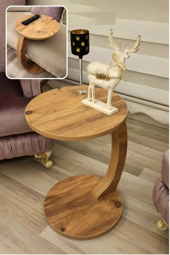 Gold Bijzettafel met wielen Bedtafeltje met Wielen Tafeltje op Wieltjes Ronde Bijzettafel Pijnboom