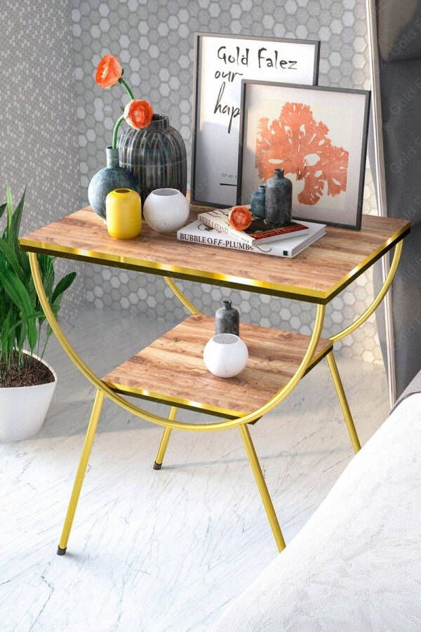 Bofigo Bijzettafel Nachtkastje Salontafel met Metalen Poten Salontafel Dubbel Goud Walnoot 33x45x55 cm
