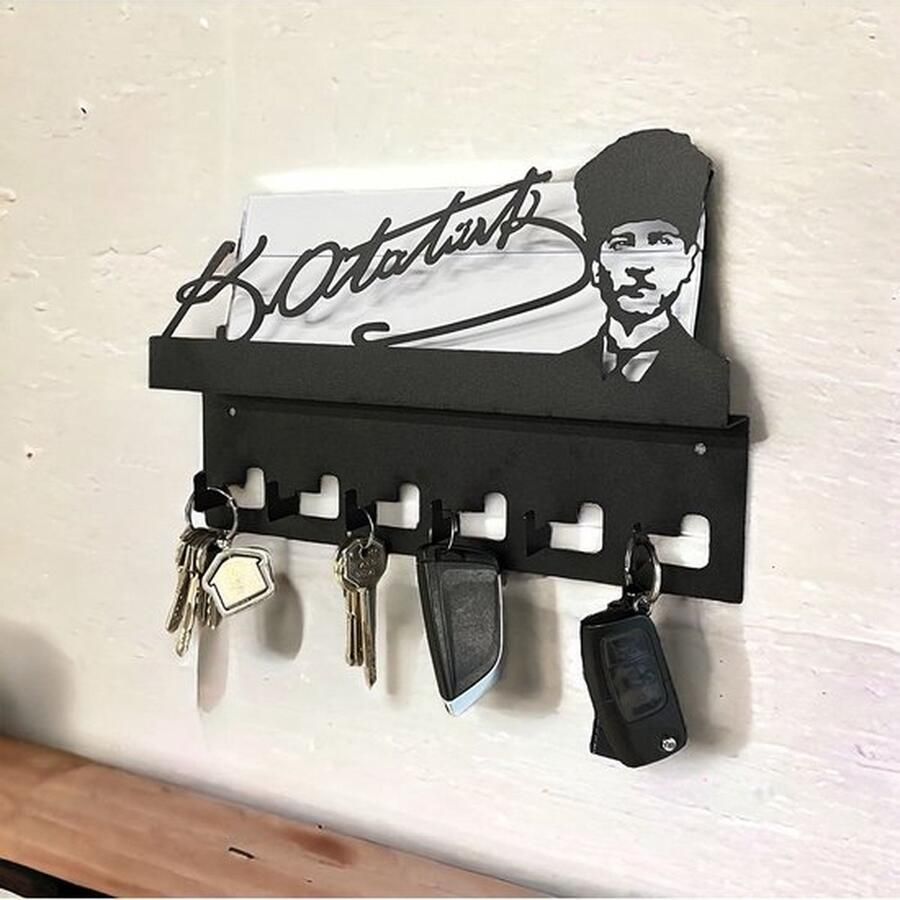 Gold Nestly Atatürk Ontworpen Muurhanger Sleutelhouder en Brievenrek Metalen Kapstok 30 cm Zwart 6 Haken
