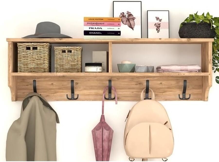 Gold Nestly Kapstok 5x2 haken wandkapstok industrieel hout 120x37x22 Kapstok Wall Mounted Kapstok Wandkapstok hout metaal Mdf Pijnboom