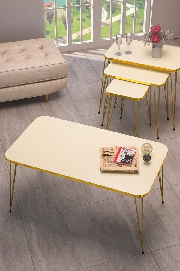 Gold Salontafelset Goud Crème Look Set van 4 Luxe Design Bijzettafel Bank Vierkante Salontafel Woonkamertafel Bijzettafel en Salontafel met Gouden Poten 50x90 cm Goud Crème