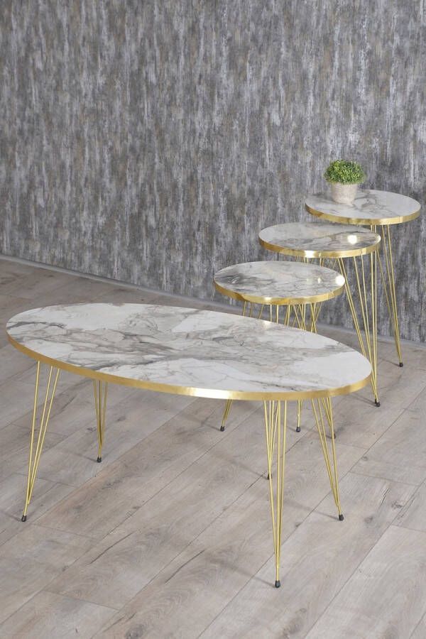 Gold Salontafel Set Marmeren look Set van 4 Wit Luxe design Marmer Bijzettafel Sofa Tafel Ovaal Woonkamer Tafel Salon tafel Bijzettafel en Salontafel Elips Set Goud Efes