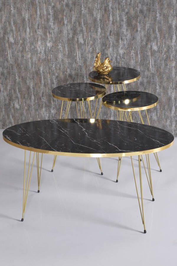 Gold Salontafel Set Marmeren look Set van 4 Zwart Luxe design Zwart en Marmer Bijzettafel Sofa Tafel Ovaal Woonkamer Tafel Salon tafel Bijzettafel en Salontafel Elips Set Goud Zwart en Marmer