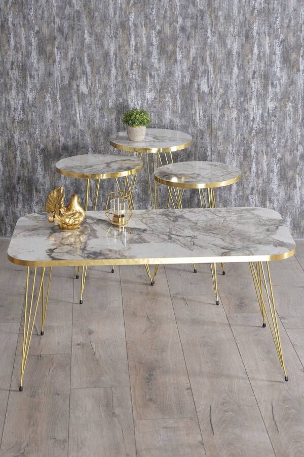 Gold Salontafel Set Wit Marmeren Look Set van 4 Wit en Marmer Luxe Design Bijzettafel Sofa tafel Ovaal Woonkamer Tafel Salon Tafel Bijzettafel en salontafel Kr Set Goud Efes