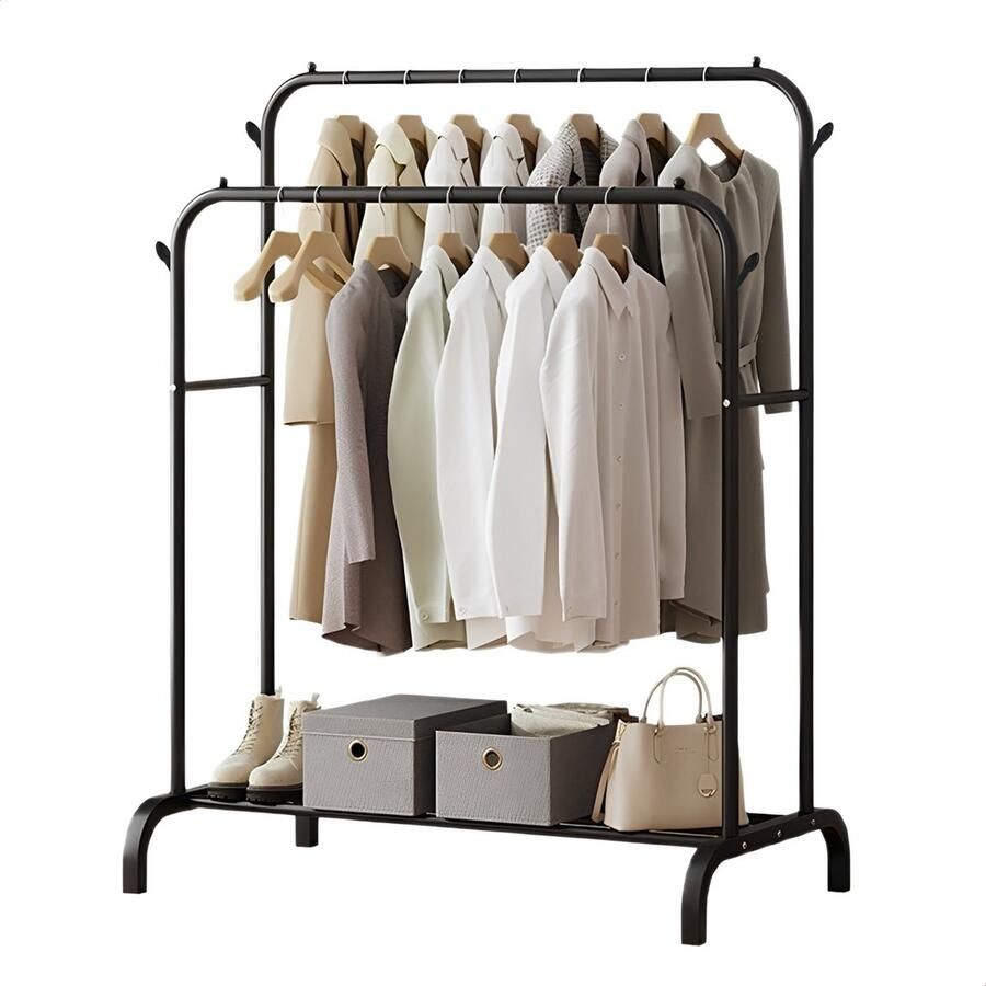 Golermo Industrieel Kledingrek Metaal – 150 cm Hoog – Zwart Garderoberek met Schoenenrek en Zijhaken – Draagvermogen 75 kg – Modern Design