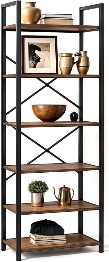 Goliving Boekenkast 66 x 30 x 186 cm 6 Lagen Opbergkast Wandkast Boekenrek Vitrinekast Stellingkast Woonkamer Kast Industrieel Bruin Zwart