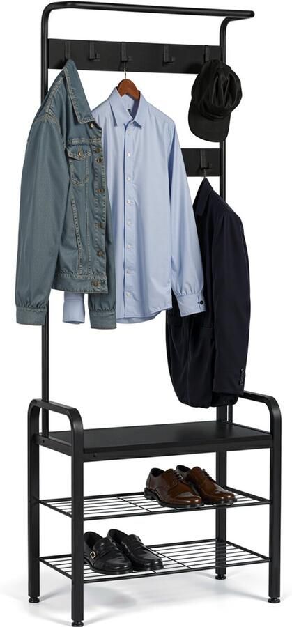 Goliving Kapstok – Garderoberek – Halmeubel – Schoenenrek – Schoenenkast – Industriële kast – Metaal Hout – 72 x 34 x 183 cm – Zwart