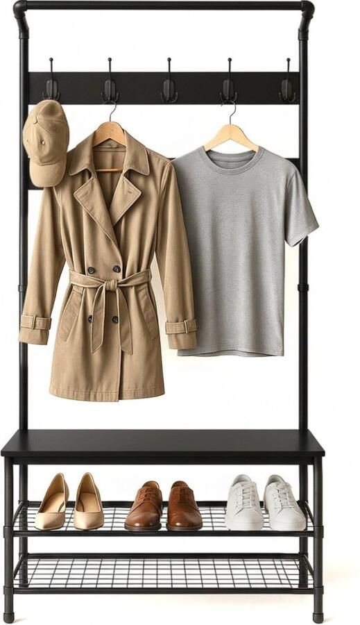 Goliving Kapstok XL – Garderoberek – Schoenenrek – Kledingrek – Staand – Industriële kast – Metaal Hout – 100 x 41.5 x 182 cm – Zwart