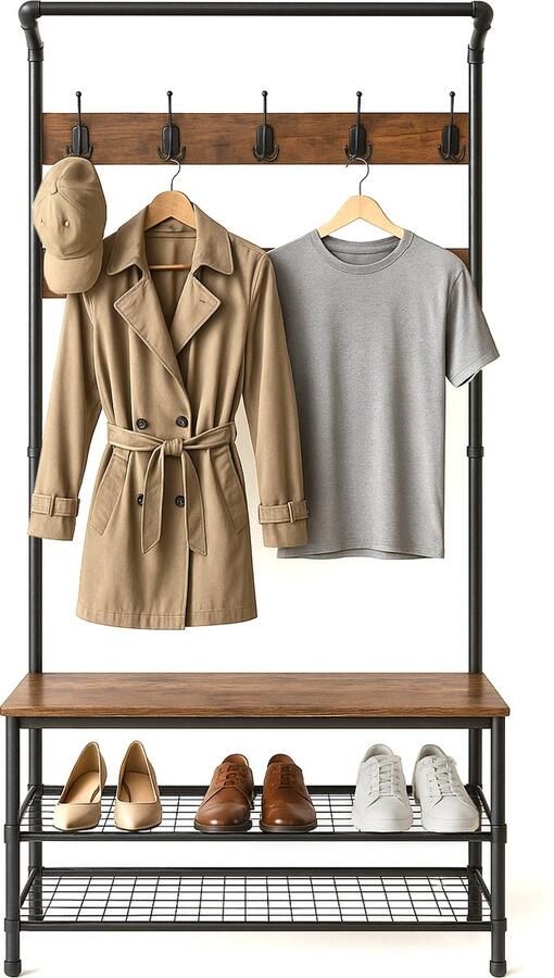 Goliving Kapstok XL – Garderoberek – Schoenenrek – Staand – Industriële kast – Metaal Hout – 100 x 41.5 x 182 cm – Bruin Zwart
