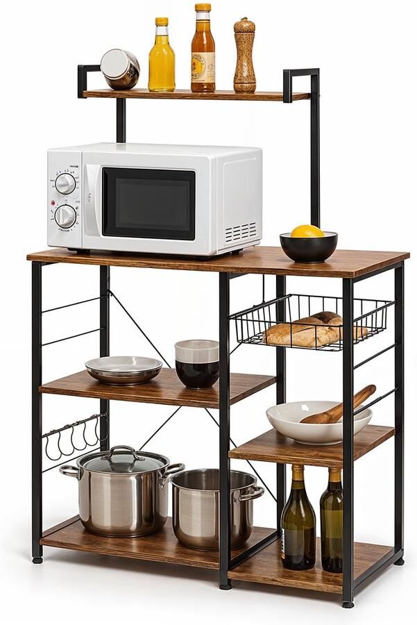 Goliving Keukenkast – Keukenrek Staand – Magnetronkast – Organizer – Metaal – Hout – 90 x 40 x 132 cm – Bruin