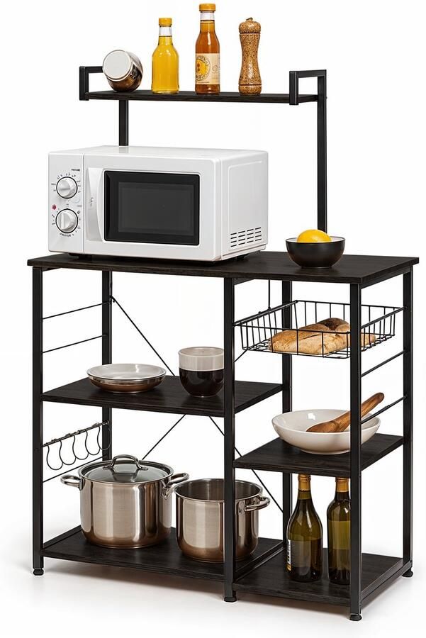 Goliving Keukenkast – Keukenrek Staand – Magnetronkast – Organizer – Metaal – Hout – 90 x 40 x 132 cm – Zwart