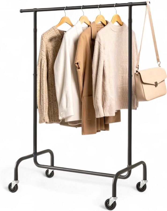Goliving Kledingrek op wieltjes XL Uitschuifbare Kledingstang 112-150 cm 130kg Draagvermogen Stevig Garderoberek Metaal Zwart