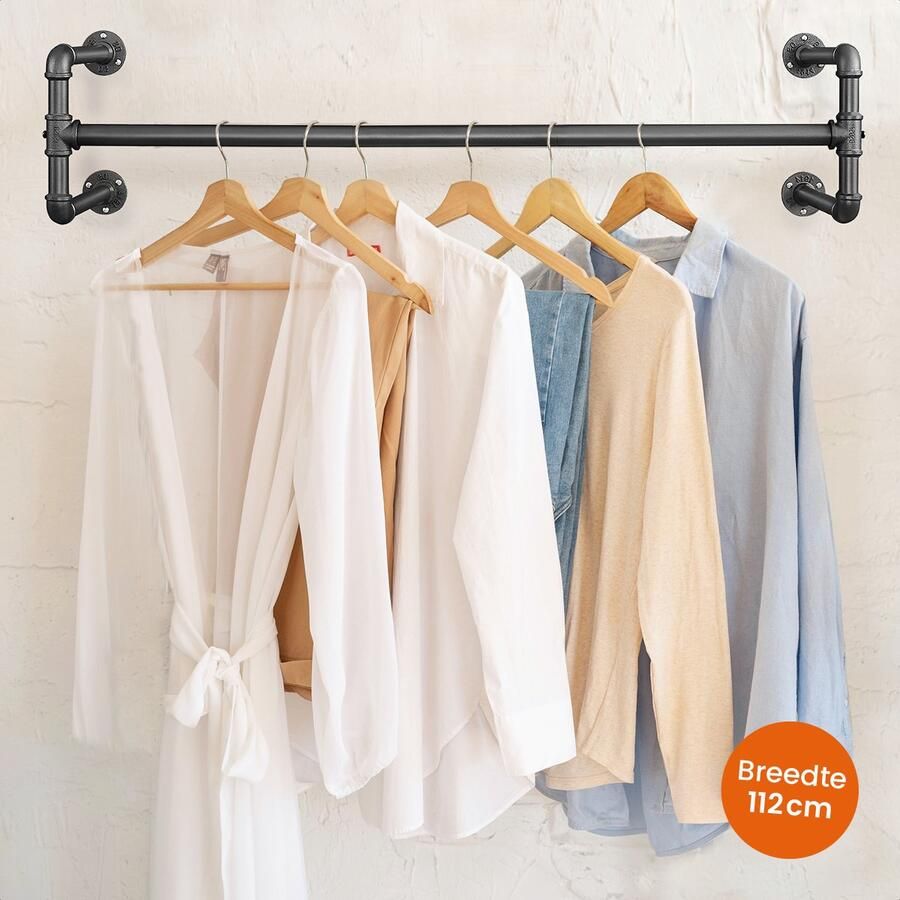 Goliving Kledingstang Garderobestang Kledingstangen voor aan de muur Ruimtebesparend Sterk Duurzaam Industriële Kledingroede 112 cm 1 stuk Zwart