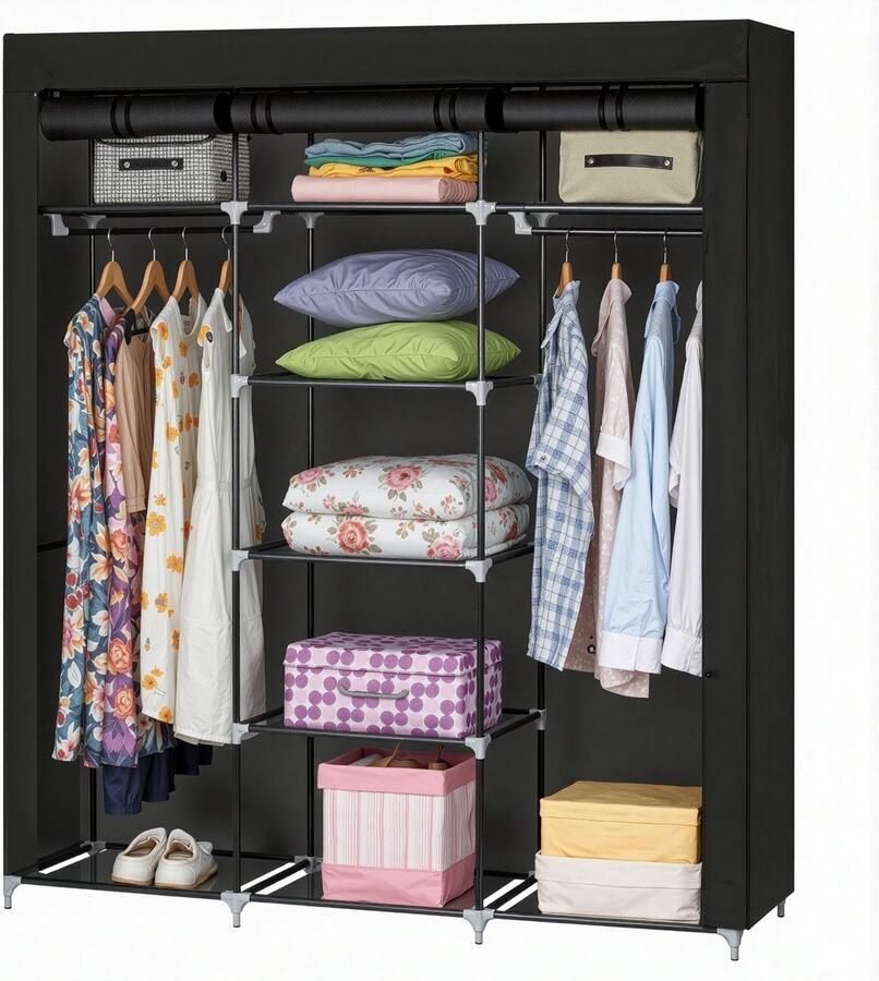 Goliving Opvouwbare Kledingkast Garderobekast 175 x 150 x 45 cm Kleerkast Stoffen Vouwkast Campingkast Zwart