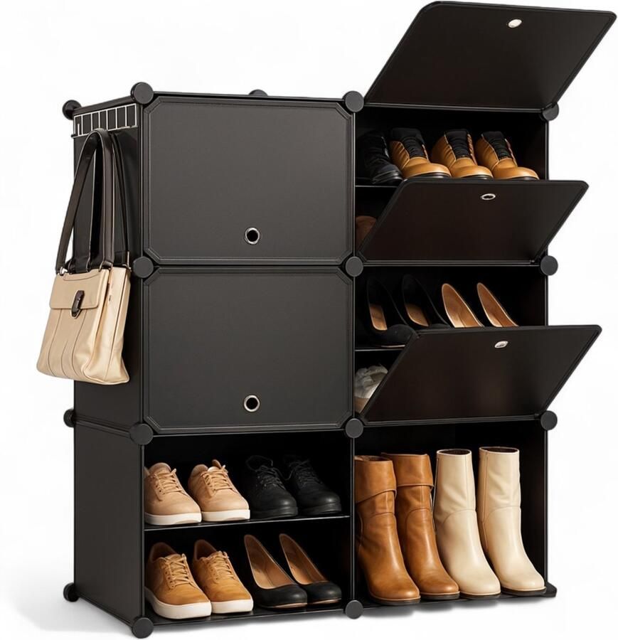 Goliving Opvouwbare Opbergkast 24 Paar 92 x 82 cm Schoenenkast Schoenenrek met Deuren Schoenenbank Zwart