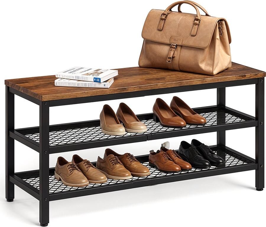 Goliving Schoenenrek – Schoenenbank – Halbank – Industrieel – 30 x 80 x 45 cm – Metaal – Bruin Hout