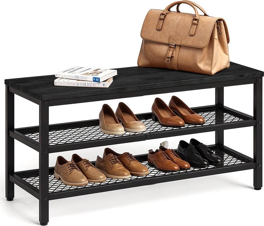 Goliving Schoenenrek – Schoenenbank – Halbank – Industrieel – 30 x 80 x 45 cm – Metaal – Zwart Hout