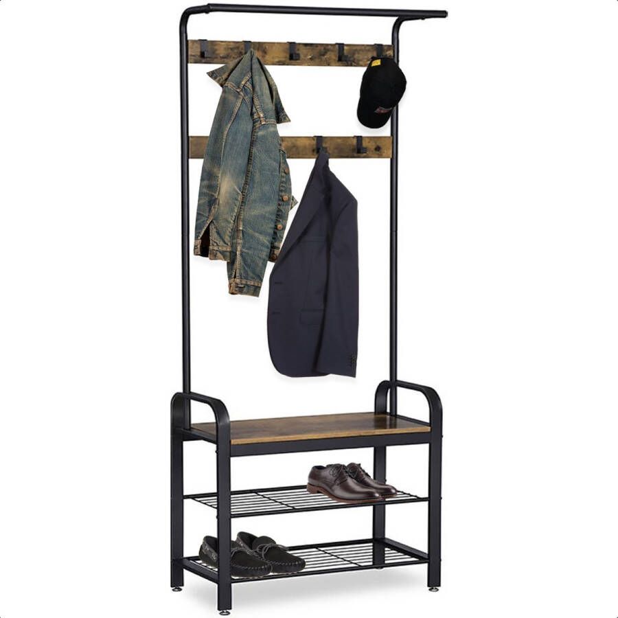Goliving Kapstok – Garderoberek – Schoenenrek – Staand – Industriële kast – Metaal Hout – 72 x 34 x 183 cm – Bruin Zwart